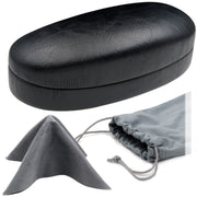 Medium - Large Glasses Case - Chic Black Faux Leather w/ Pouch & cloth - Unisex (AS113 Black)