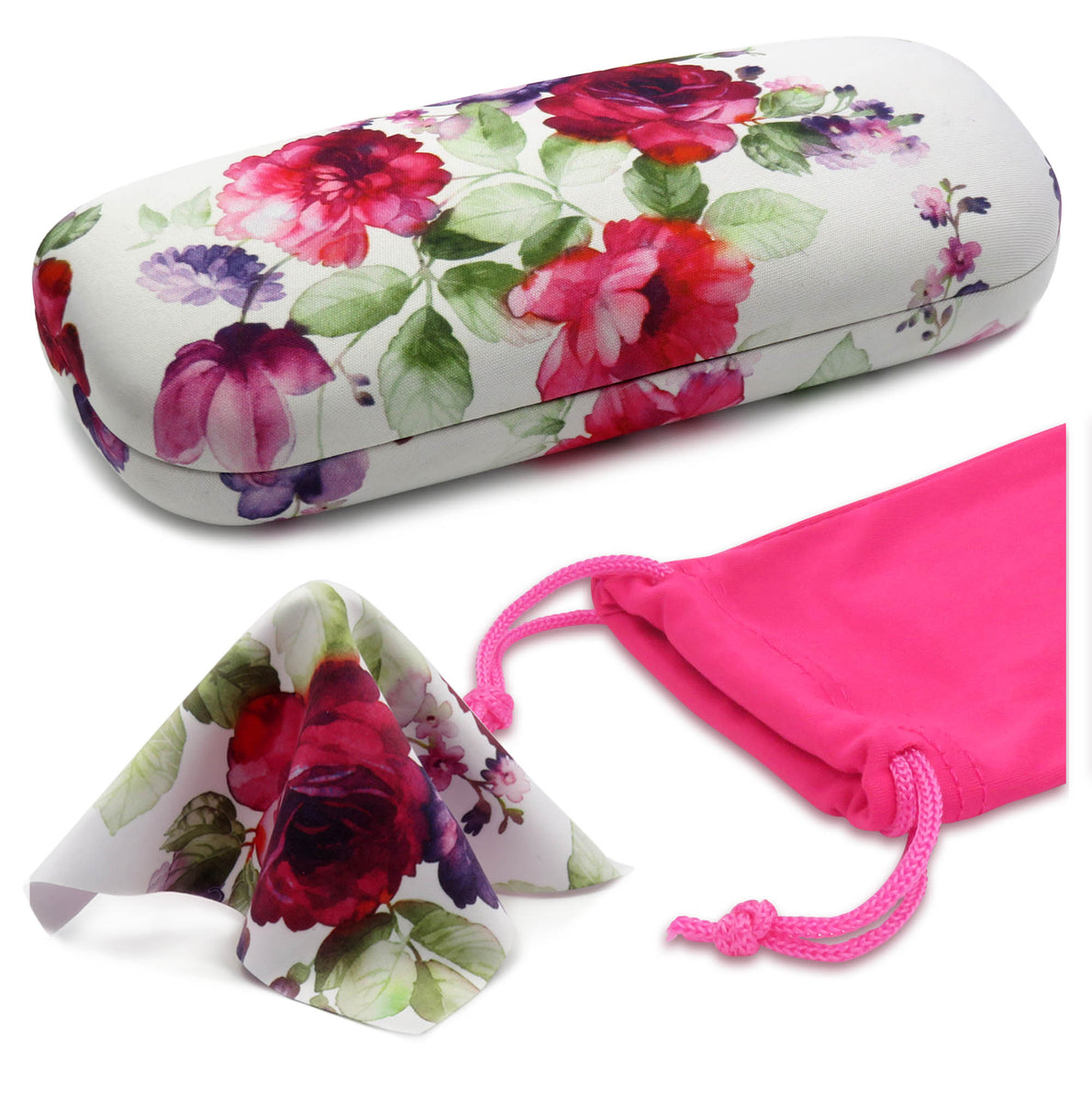 Women Hard Glasses Case in Floral Print w/ Pouch & Cloth Small Frames ...
