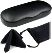 Men Hard Eyeglass Case - Small to Medium Frames - Glasses Holder w/ Pouch & Cloth (AS196 Black)