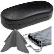 Elegant Large Hard Sunglasses Case - Glasses Case Black Faux Leather w/ Pouch & Cloth (AS87 Black)