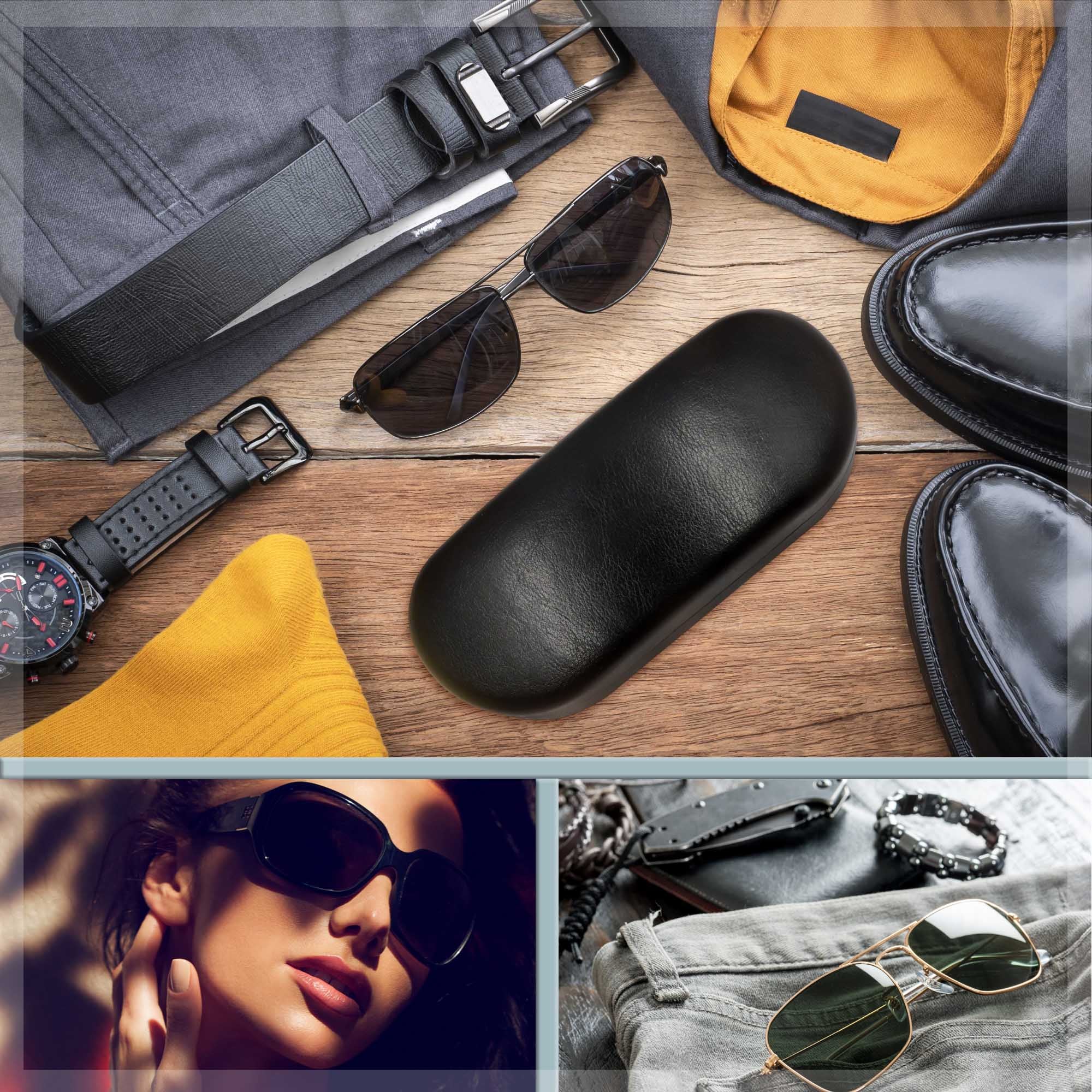 Hard Sunglasses Case, Medium - Large Frames W/ Pouch & Cloth (AS87 Bla –